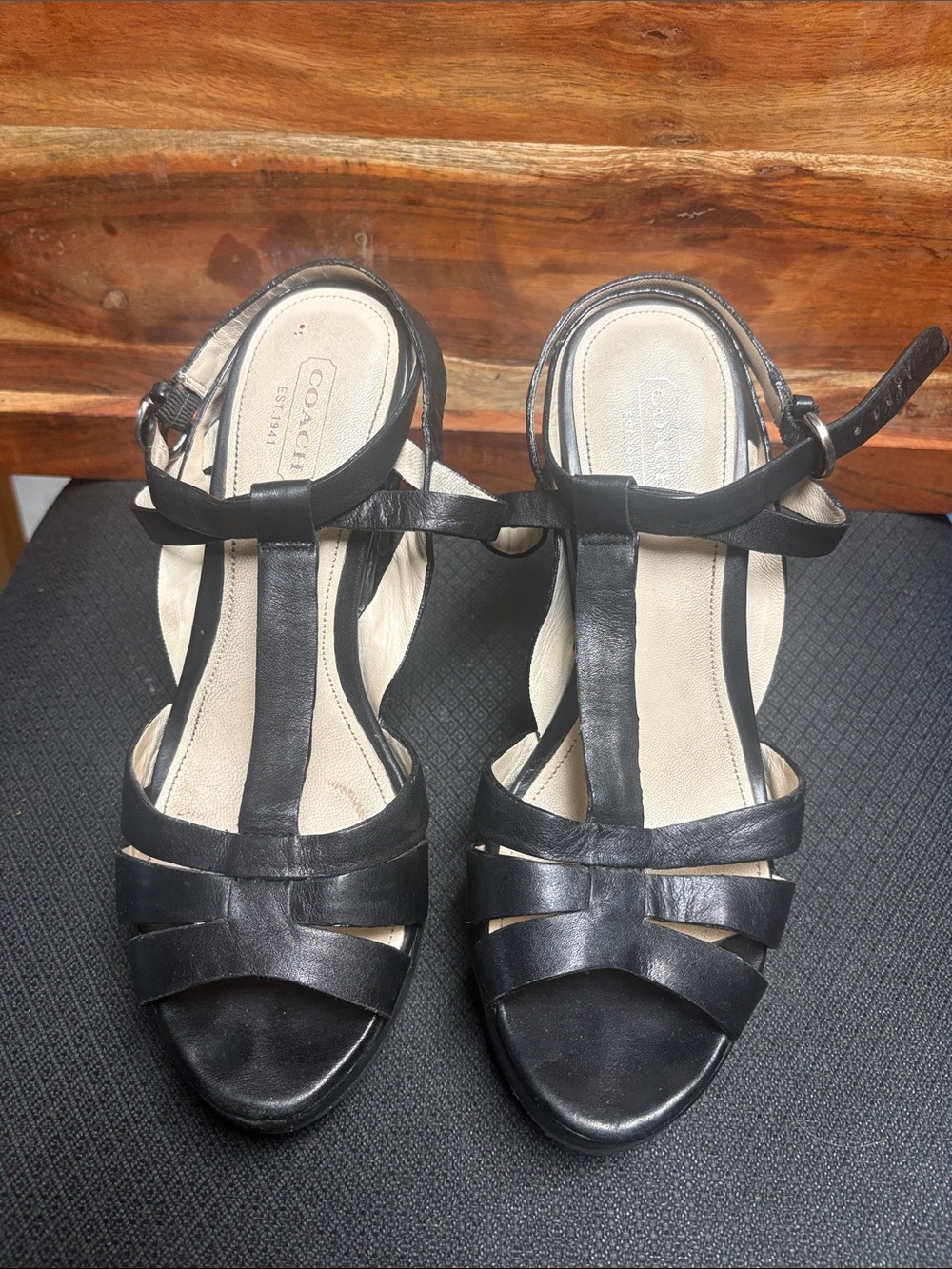 Coach Black Leather T-Strap Sandals - Women's Black